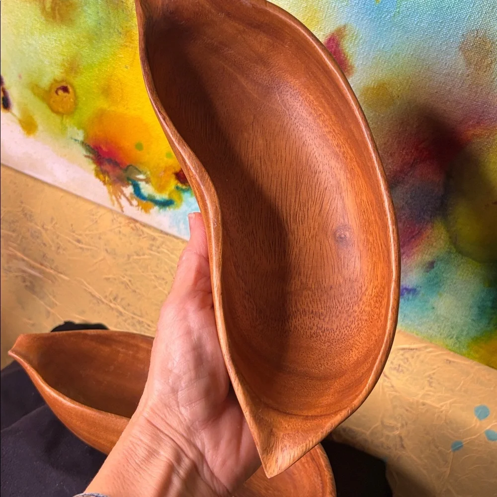 Mid-Century Modern Monkey Pod Leaf Bowls Hand Carved ~ set of 2